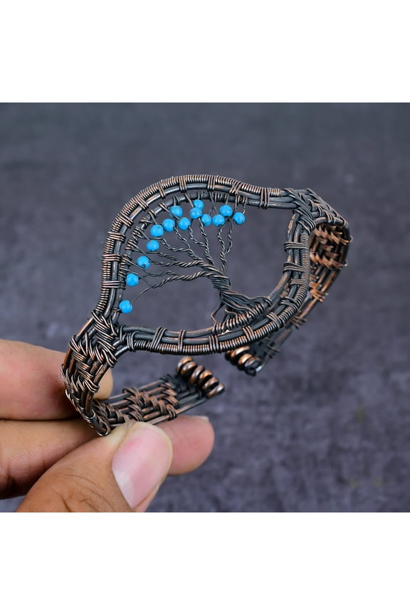 Natural Arizona Turquoise Gemstone Copper Wire Wrap Cuff Bangle Adjustable