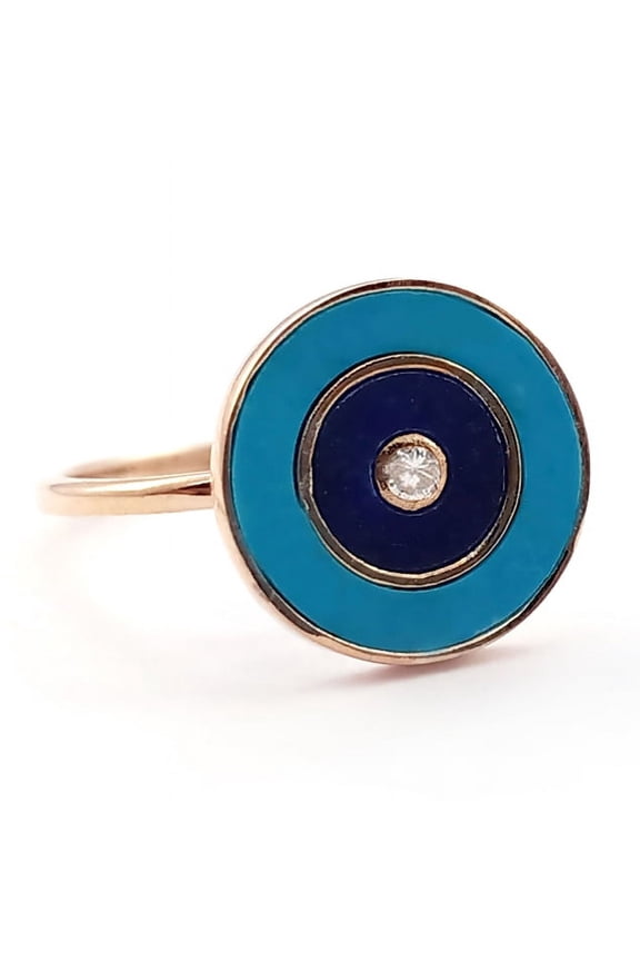 Natural Arizona Turquoise & Lapis Lazuli Gemstone Moissanite 925 Sterling Silver Yellow Gold Plated Evil Eye Ring Minimalist Art Deco Good Luck Jewelry