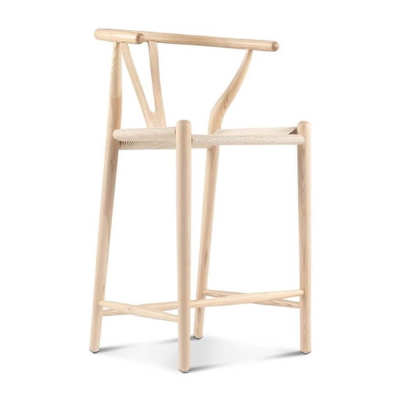 Natural Ash Wishbone Counter Stool, Solid Wood Frame with Hand-Woven Paper Cord Seat, Eco Oil-Stained Finish Bar Chair