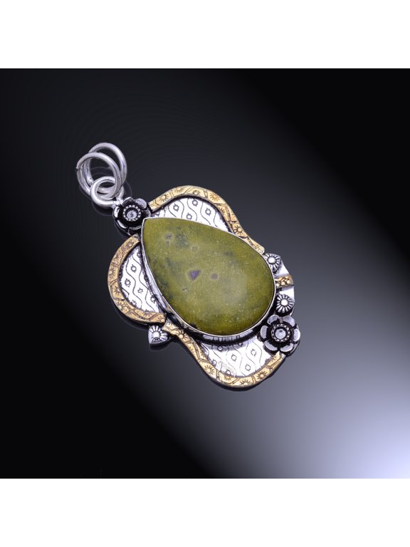 Natural Atlantisite Handmade 925 Sterling Silver Two Tone Pendant 2.4"