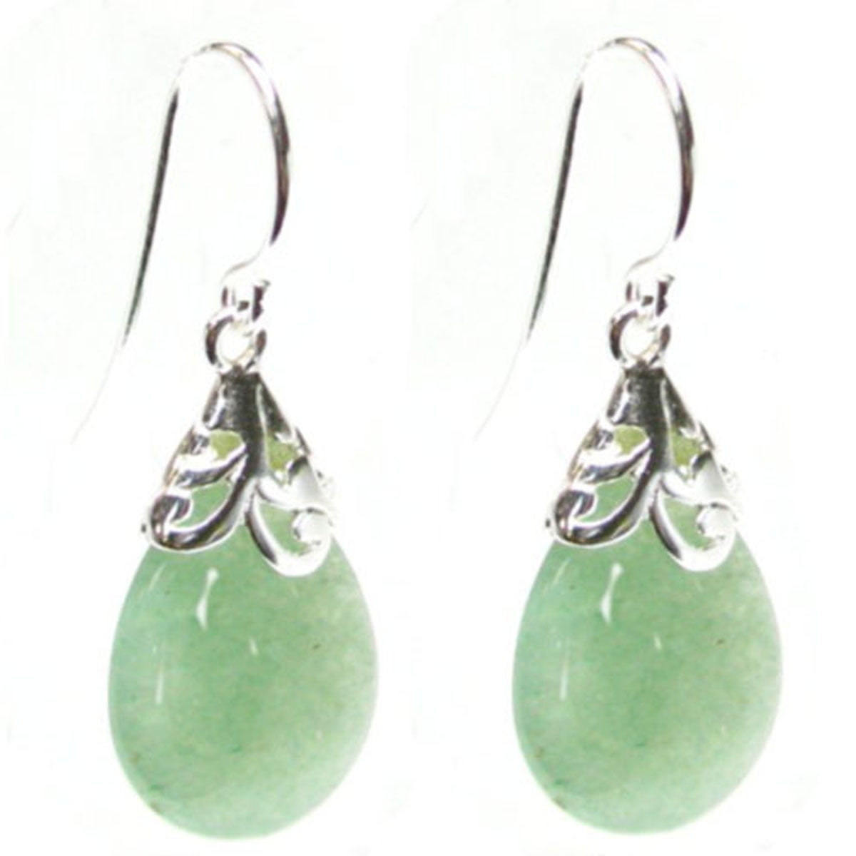 Natural Aventurine Green Teardrop Sterling Silver Filigree Flower Bail and French Hook Earwires Dangle Earrings
