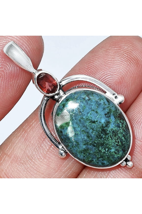 Natural Azurite Chrysocolla & Garnet 925 Sterling Silver Pendant Jewelry P-1175 SDP152637