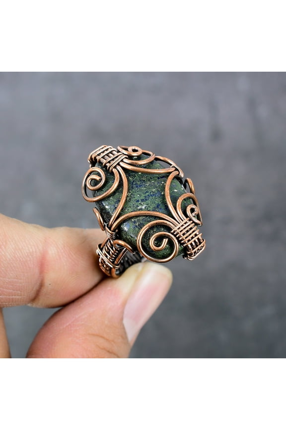 Natural Azurite Malachite Copper Wire Wrap Gift Jewelry Ring Size 9