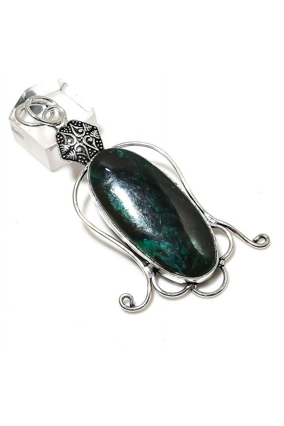 Natural Azurite Malachite Gemstone Handmade 925 Sterling Silver Pendant 3.03"