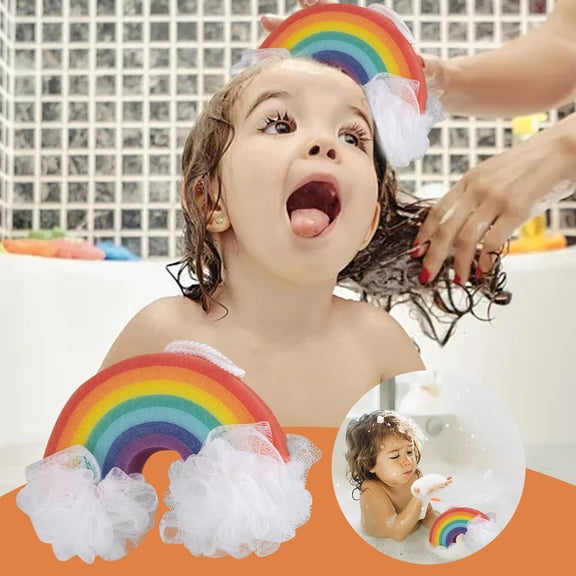 Natural Baby Bath Sponge for Kids Gentle Shower Body Cleaner Soft Loofah Mesh Cloud Rainbow Design