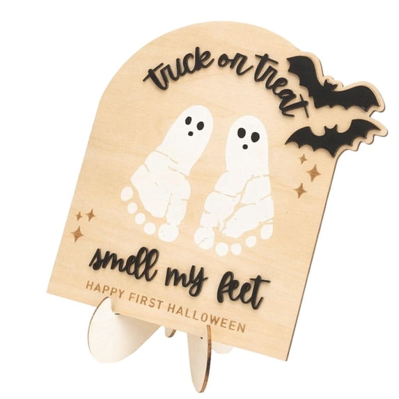 Natural Baby First Halloween Footprint Art Wood Sign with Arched Plaque ...