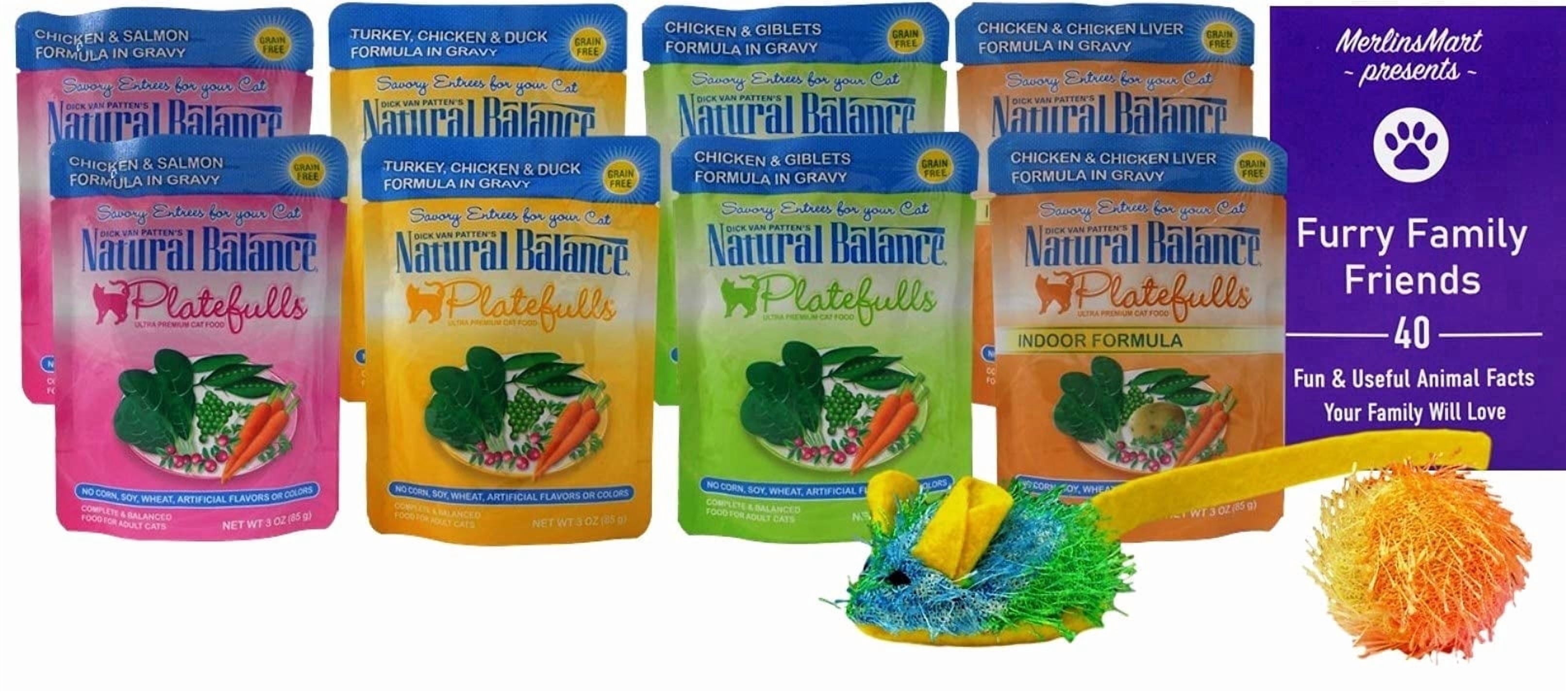 Natural Balance Platefulls Wet Cat Food – 8 Pouch Variety (Chicken & Salmon, Turkey Duck Chicken, Chicken Giblets, Chicken Liver) – 3 oz Pouches| MerlinsMart Zine & 2 Catnip Toys