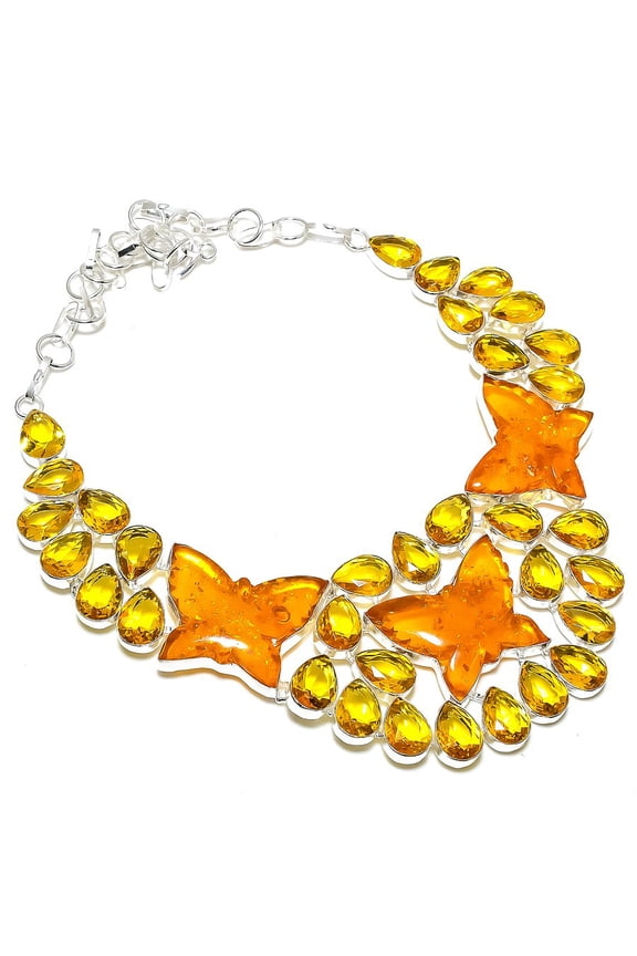 Natural Baltic Amber, Citrine 925 Sterling Silver Jewelry Necklace 18"