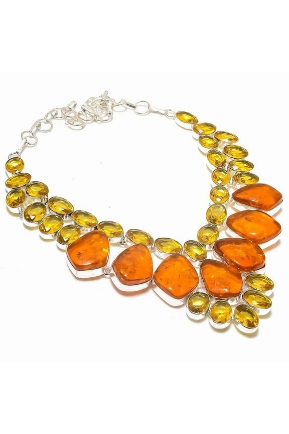 Natural Baltic Amber, Citrine 925 Sterling Silver Jewelry Necklace 18"