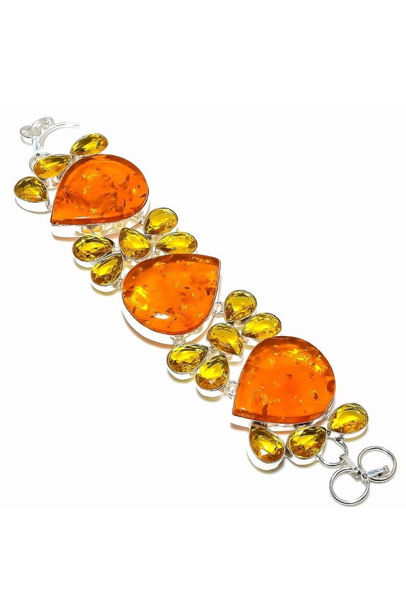 Natural Baltic Amber, Citrine Gemstone 925 Sterling Silver Bracelet 7-8"