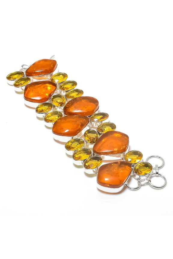 Natural Baltic Amber, Citrine Gemstone 925 Sterling Silver Bracelet 7-8"