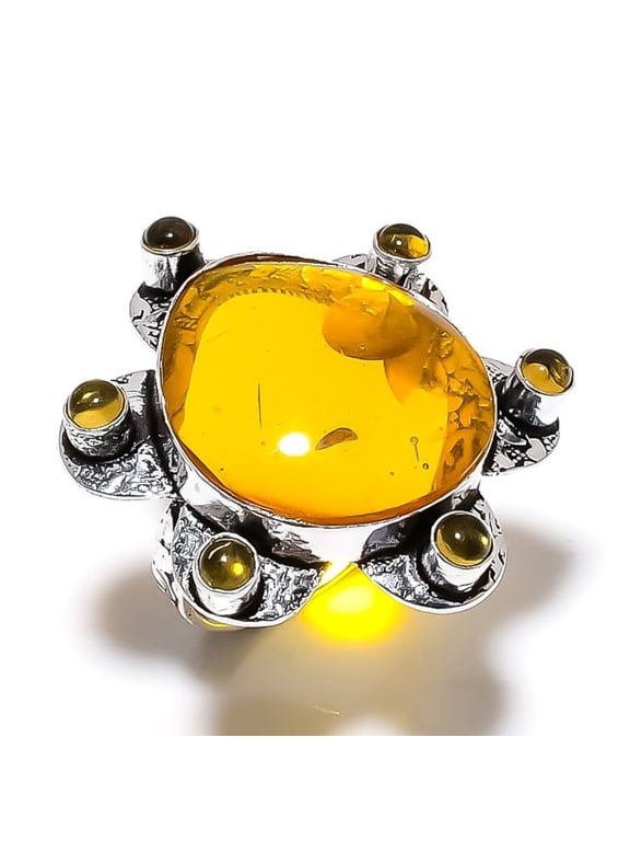 Natural Baltic Amber, Citrine Gemstone 925 Sterling Silver Ring Size 8