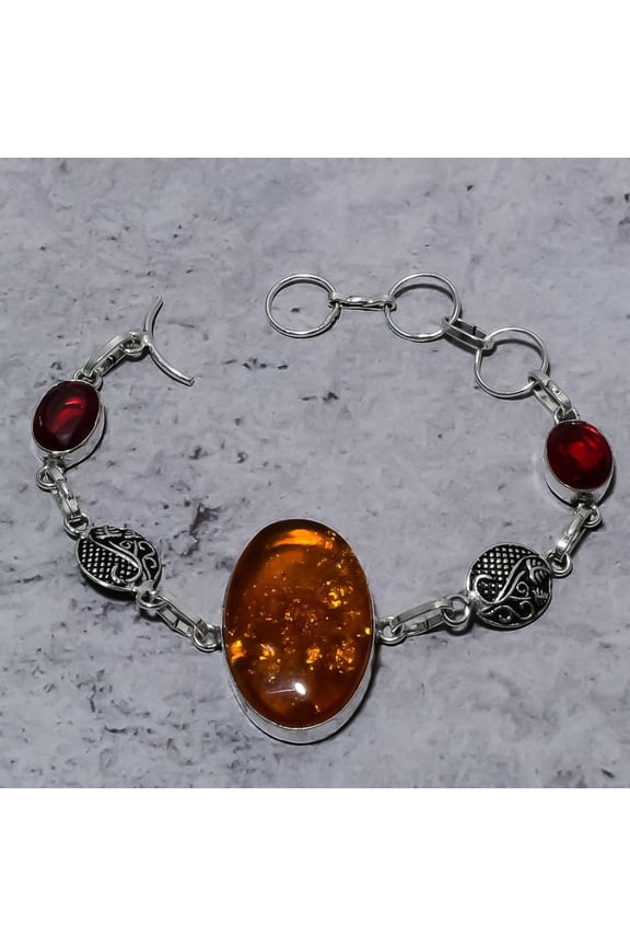 Natural Baltic Amber, Garnet Handmade 925 Sterling Silver Bracelet 7-8"