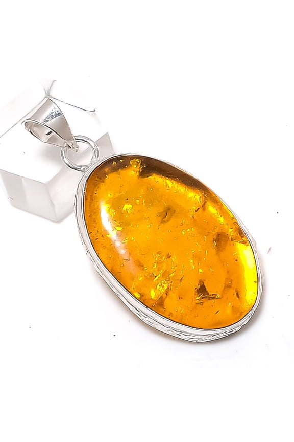 Natural Baltic Amber Gemstone 925 Sterling Silver Jewelry Pendant 1.97"