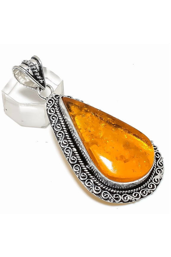 Natural Baltic Amber Gemstone 925 Sterling Silver Jewelry Pendant 2.64"