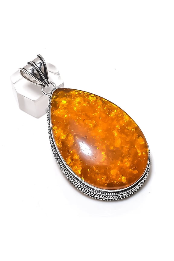 Natural Baltic Amber Gemstone 925 Sterling Silver Jewelry Pendant 2.76"