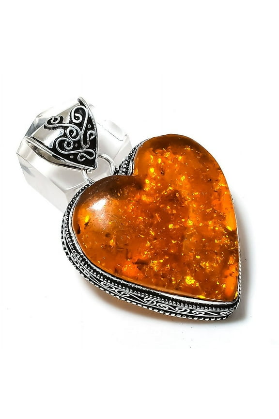 Natural Baltic Amber Gemstone Handmade 925 Sterling Silver Pendant 2.01"