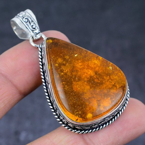 Natural Baltic Amber Gemstone Handmade 925 Sterling Silver Pendant 2.21"
