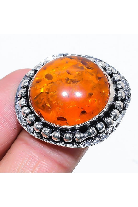 Natural Baltic Amber Gemstone Handmade 925 Sterling Silver Ring Size 7