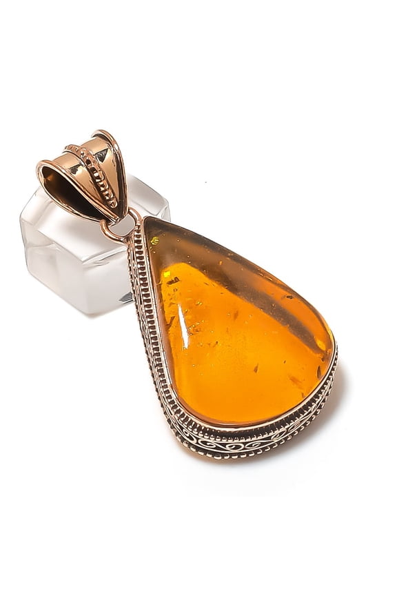 Natural Baltic Amber Gemstone Handmade Copper Jewelry Pendant 2.17"