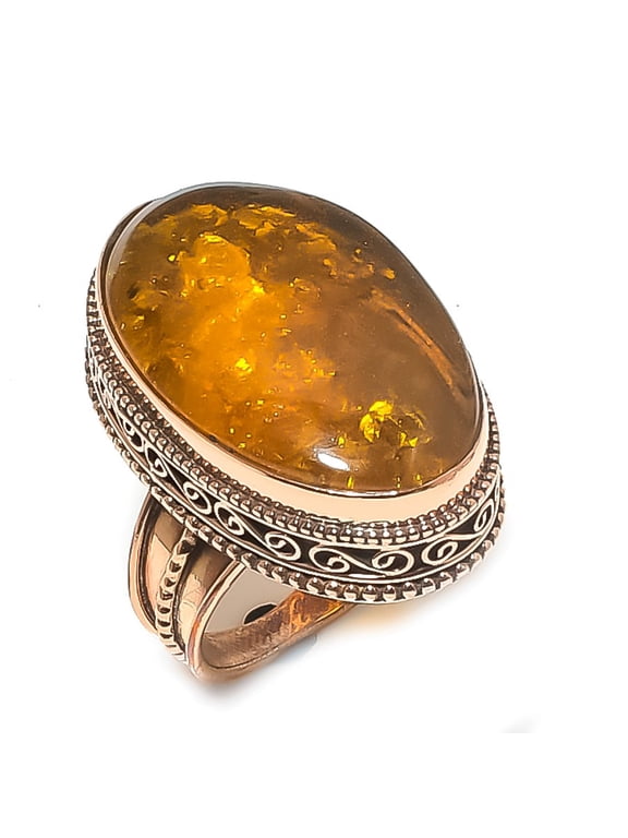 Natural Baltic Amber Gemstone Handmade Copper Jewelry Ring Size 8