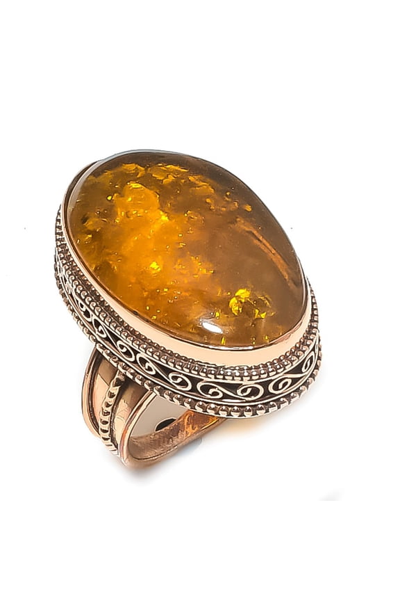 Natural Baltic Amber Gemstone Handmade Copper Jewelry Ring Size 8