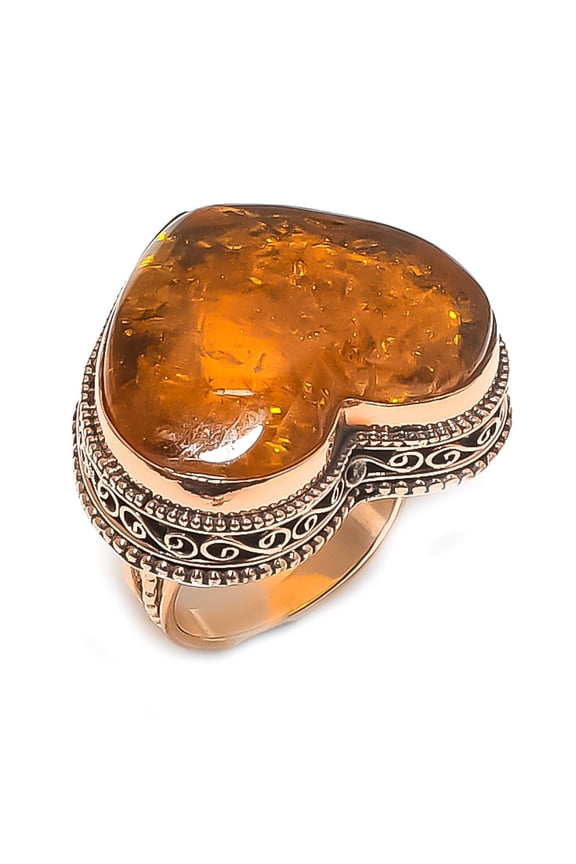 Natural Baltic Amber Gemstone Handmade Copper Jewelry Ring Size 9