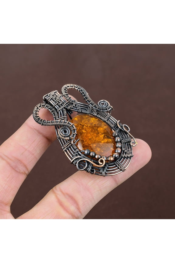Natural Baltic Amber Gemstone Handmade Copper Wire Wrap Pendant 2.36"