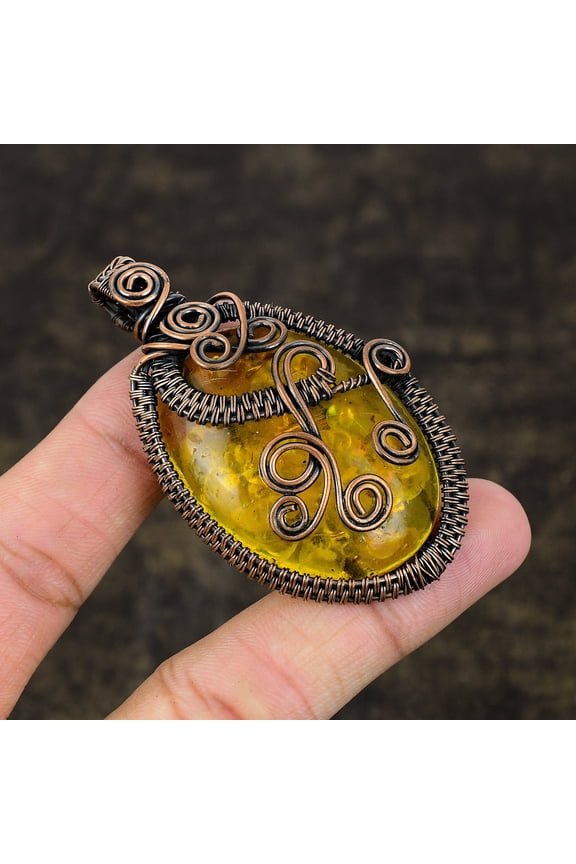 Natural Baltic Amber Gemstone Handmade Copper Wire Wrap Pendant 2.68
