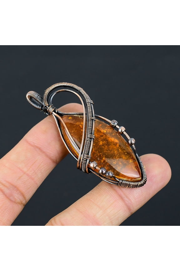 Natural Baltic Amber Gemstone Handmade Copper Wire Wrap Pendant 2.76"
