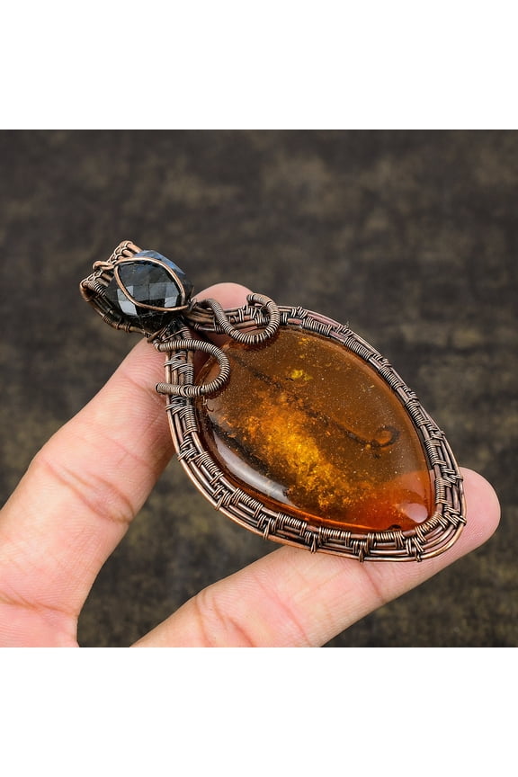 Natural Baltic Amber Gemstone Handmade Copper Wire Wrap Pendant 3.54