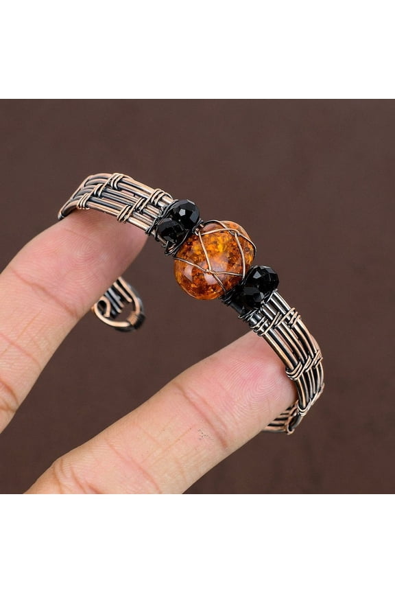 Natural Baltic Amber Handmade Copper Wire Wrap Cuff Bangle Adjustable