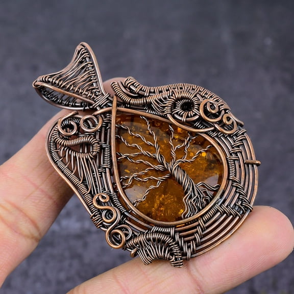 Natural Baltic Amber Handmade Copper Wire Wrap Tree Of Life Pendant 2.64"