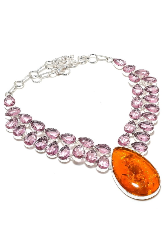 Natural Baltic Amber, Kunzite 925 Sterling Silver Jewelry Necklace 18"