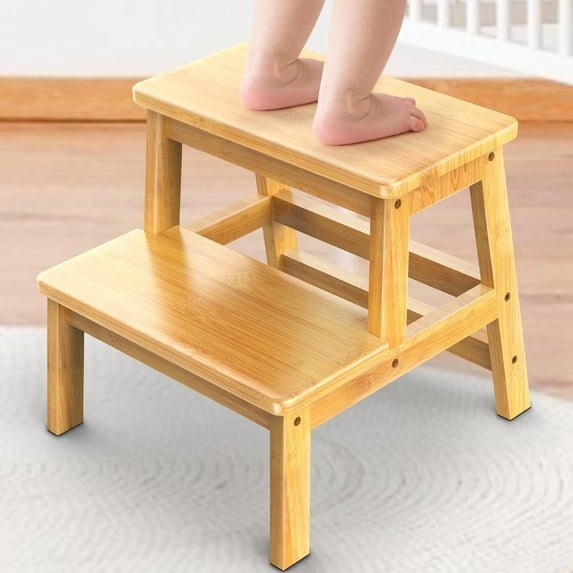 Natural Bamboo 2-Step Stool for Child, Stable Anti-Slip Wider Design, 1 Pack
