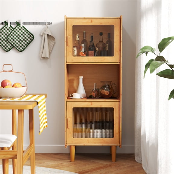 Natural Bamboo 3-Cube Storage Cabinet Acrylic See-Through Doors Open Compartment Kitchen Bathroom Bookcase Curio Cabinet Anti-Tip Display Magnetic Door Catches Freestanding Organizer Raised Edge Home