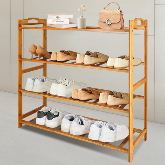 Natural Bamboo 4 Tiers Shoe Rack Shoe Storage Organizer Floor Standing Shoe Tower Shoe Shelf Shoe Cabinet for Entryway Hallway Living Room Closet, up to 16 Pairs,26.8 X 10.2 X 27.6in