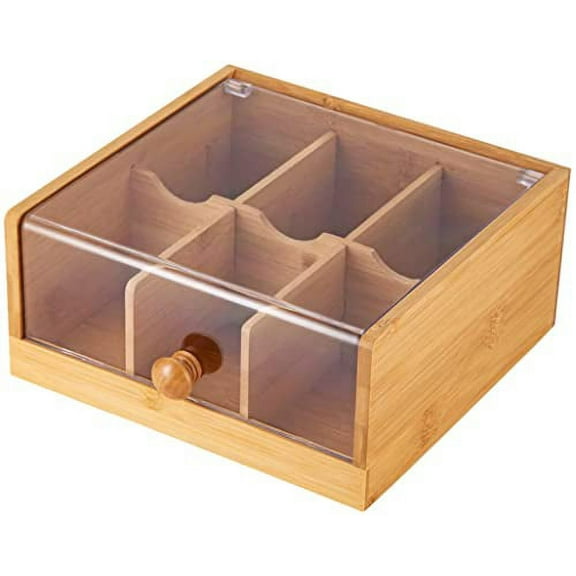 Natural Bamboo 6 Section Storage Tea Box with Hinged Lid and Handle