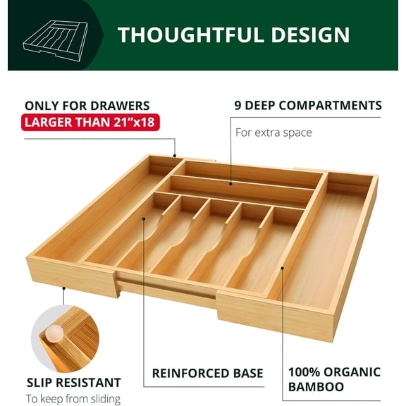 Natural Bamboo 9-Slot Luxury Kitchen Drawer Organizer - Silverware & Cutlery Tray Divider for Flatware Storage