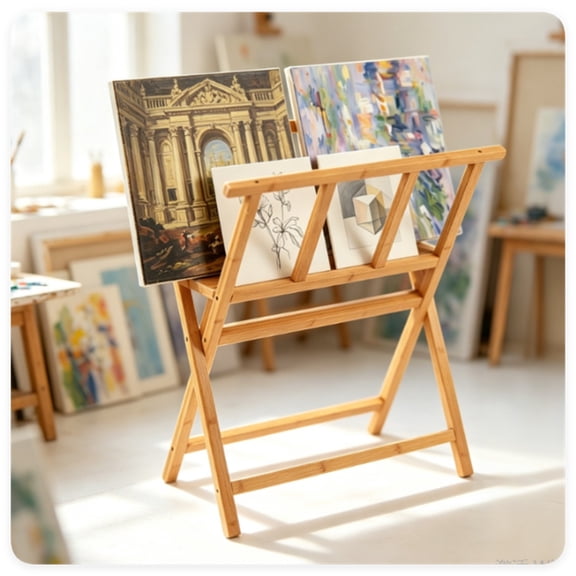 Natural Bamboo Art Storage Rack, Heavy-Duty Canvas Print Display Stand Holds Artwork Up to 34"x19", 22LBS Capacity Art Organizer for Studio Gallery Classroom