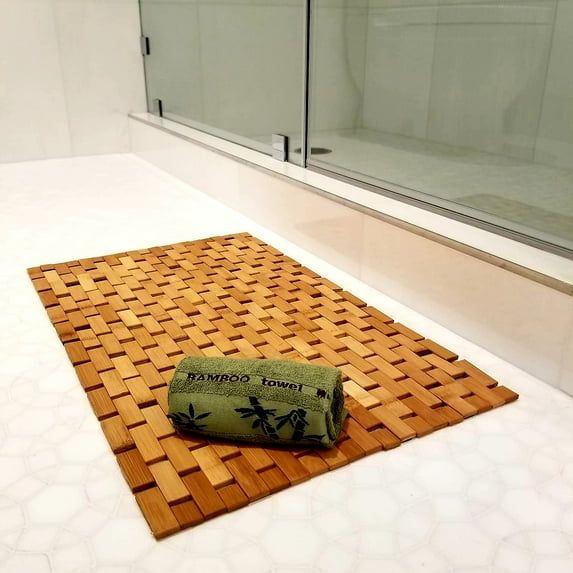 Natural Bamboo Bath Mat With Bamboo Hand Towel, Non-Slip Large 16" x 27" Shower Mat