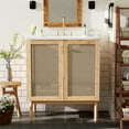 thumbnail image 1 of Natural Bamboo Bathroom Vanity with Handwoven Rattan Doors, Ceramic Sink and Soft Close Mechanism, Artisanal Design with Gold Handles, 30 Inch Wood Finish, 1 of 10