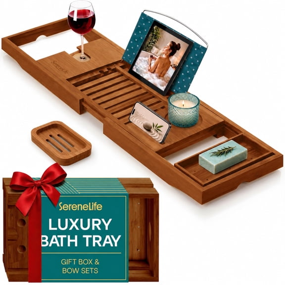 Natural Bamboo Bathtub Caddy - Shower Tub Caddy Tray with Adjustable Length and Soap Box (Brown)