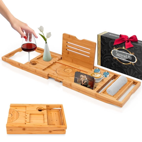 Natural Bamboo Bathtub Caddy - Shower Tub Caddy Tray with Adjustable Length and Soap Box (Natural Color)