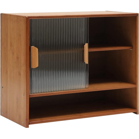 Natural Bamboo Buffet Sideboard Cabinet w/2 Sliding Striped Glass Doors Farmhouse Coffee Bar Cabinet Storage for Home Kitchen Living Room Dinning Room