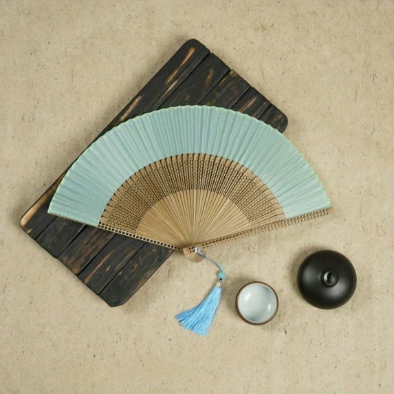 Natural Bamboo Chinese Folding Fan - Retro Handheld Cooling Fan 21cm (8.75") with Tassel, Lightweight Portable for Home Decor, Weddings, Parties - Unisex Vintage Accessory, Bamboo Fan