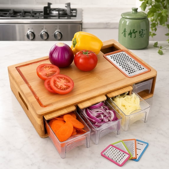Natural Bamboo Cutting Board with Drawer, Veggie Chopper Slicer Set, 5 ...