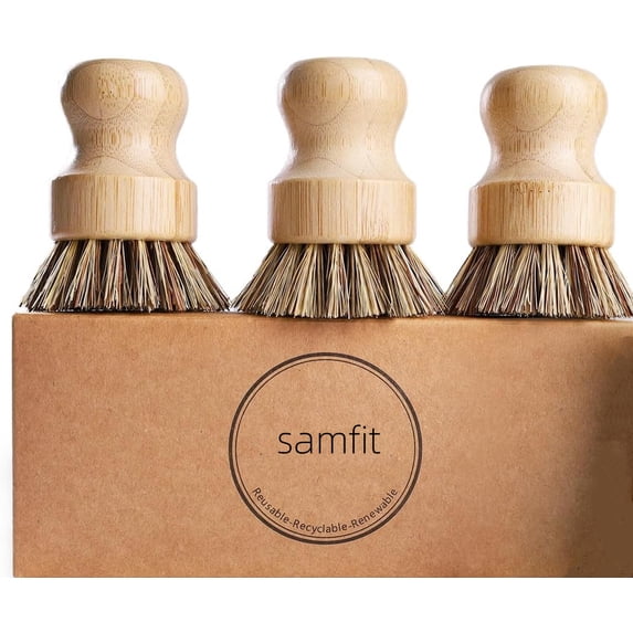 Natural Bamboo Dish Brush Set, 3 Pack Kitchen Palm Pot Scrub Brushes with Union Fiber, Eco Friendly Scrubber for Cleaning Pots, Pans, Sinks, Woks, Vegetables