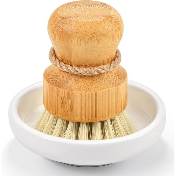 Natural Bamboo Dish Scrub Brush for Kitchen Sink, Wooden Washing Dish Brush Scrubber with Sisal Bristles