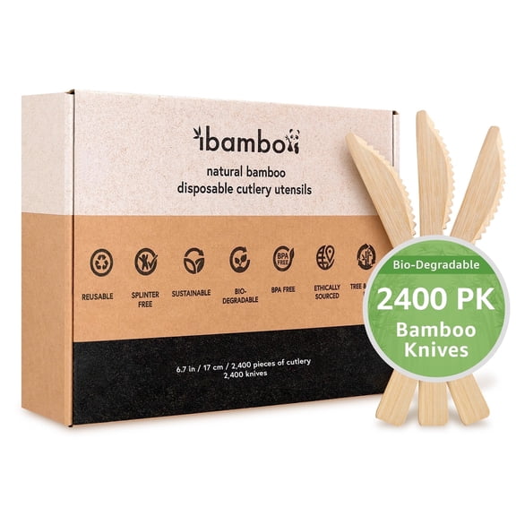 Ibambo Natural Bamboo Flatware Disposable Cutlery Set, Disposable Utensils, 2400 Knives